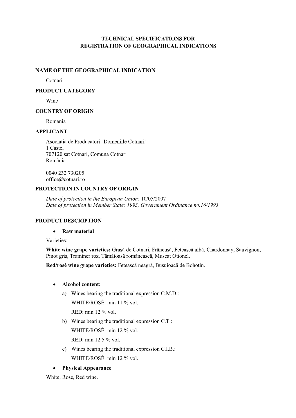 Technical Specifications for Registration of Geographical Indications