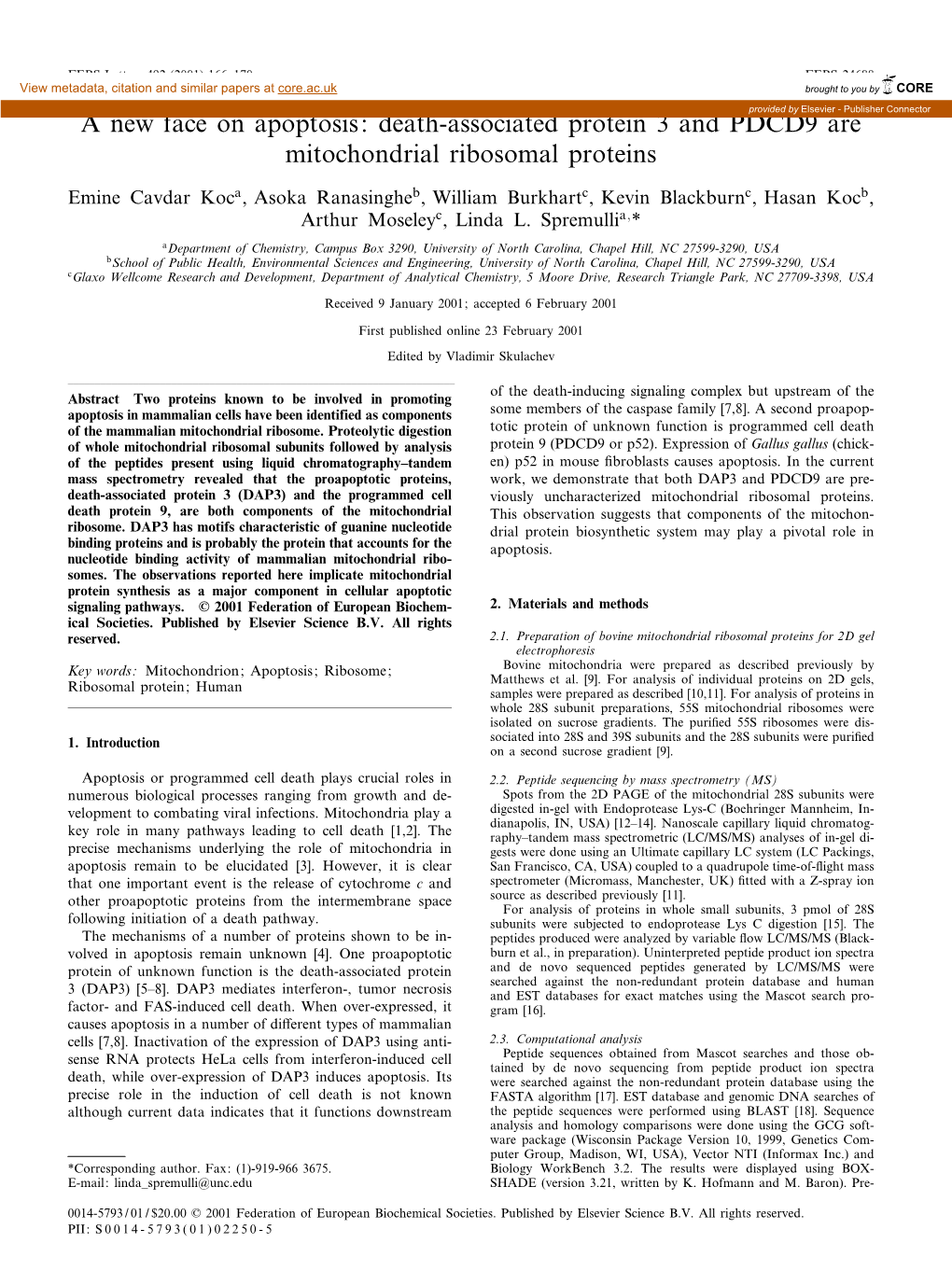 A New Face on Apoptosis: Death-Associated Protein 3 and Pdcd9provided by Elsevier Are - Publisher Connector Mitochondrial Ribosomal Proteins