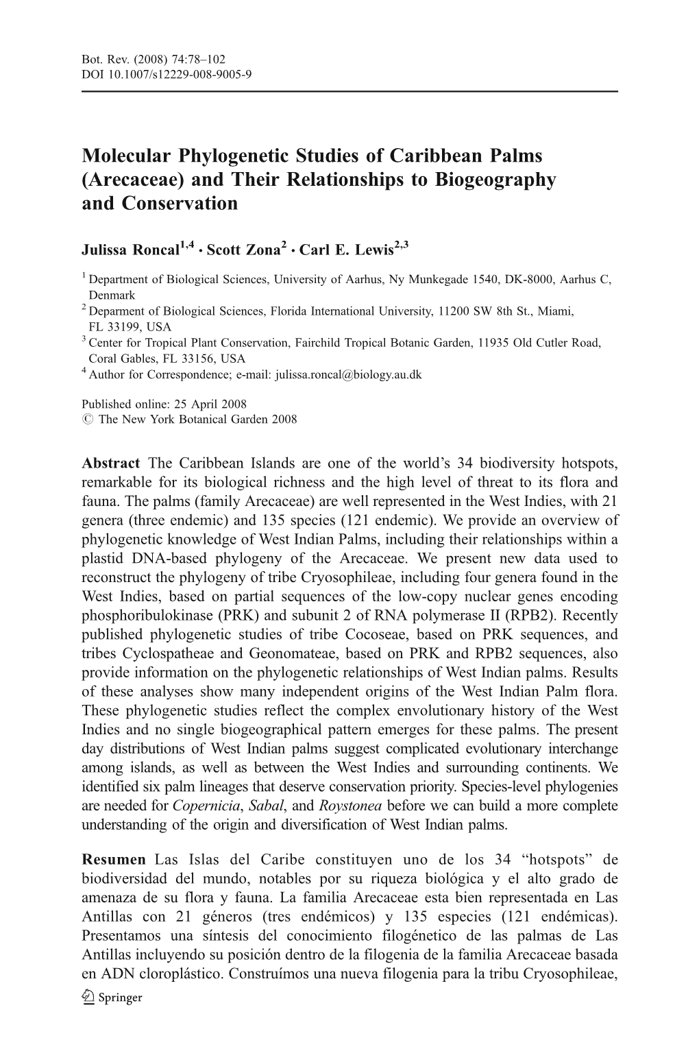 Molecular Phylogenetic Studies of Caribbean Palms (Arecaceae) and Their Relationships to Biogeography and Conservation