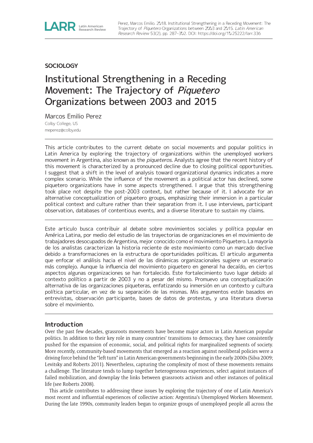 Institutional Strengthening in a Receding Movement: the Trajectory of Piquetero Organizations Between 2003 and 2015