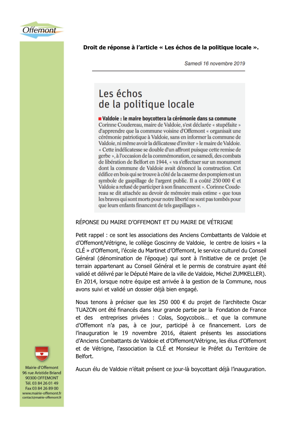 Droit De Réponse À L'article « Les Échos De La