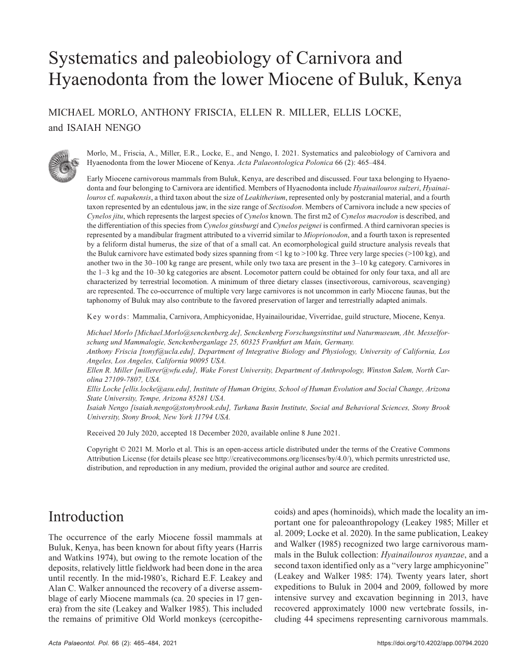 Systematics and Paleobiology of Carnivora and Hyaenodonta from the Lower Miocene of Buluk, Kenya