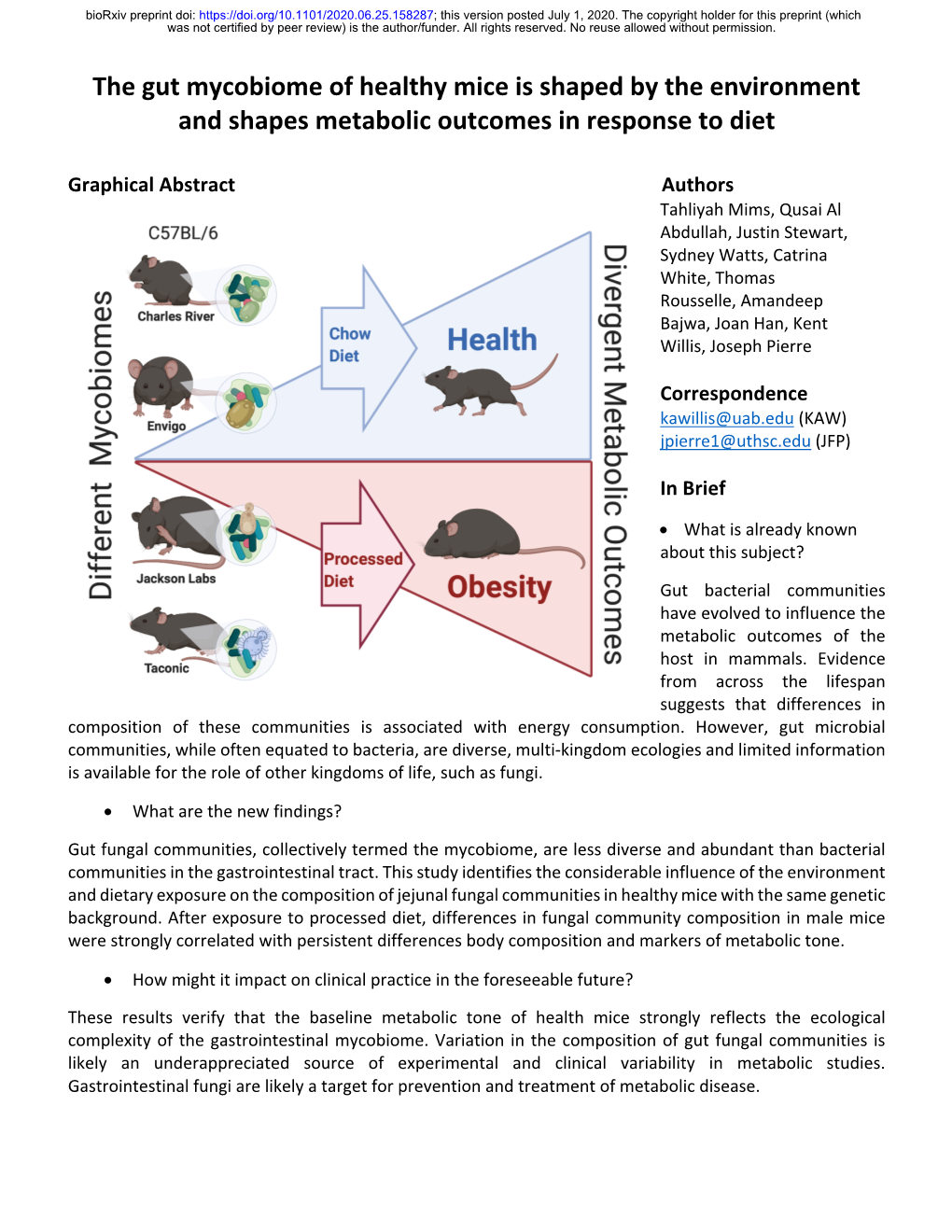 The Gut Mycobiome of Healthy Mice Is Shaped by the Environment and Shapes Metabolic Outcomes in Response to Diet