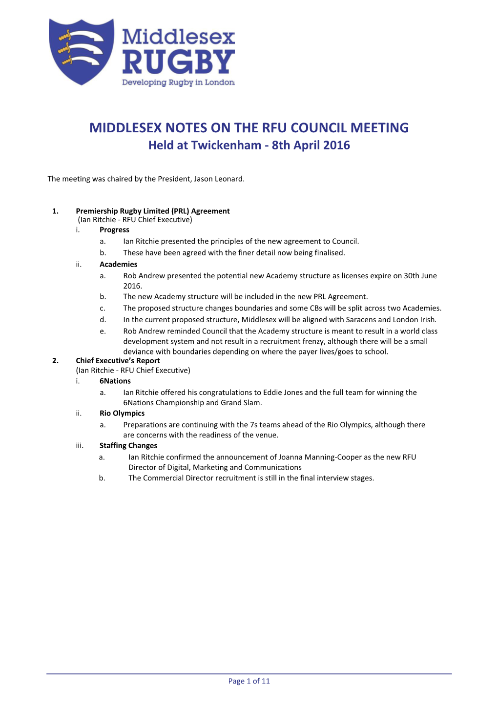 RFU Council Notes Middlesex April 2016