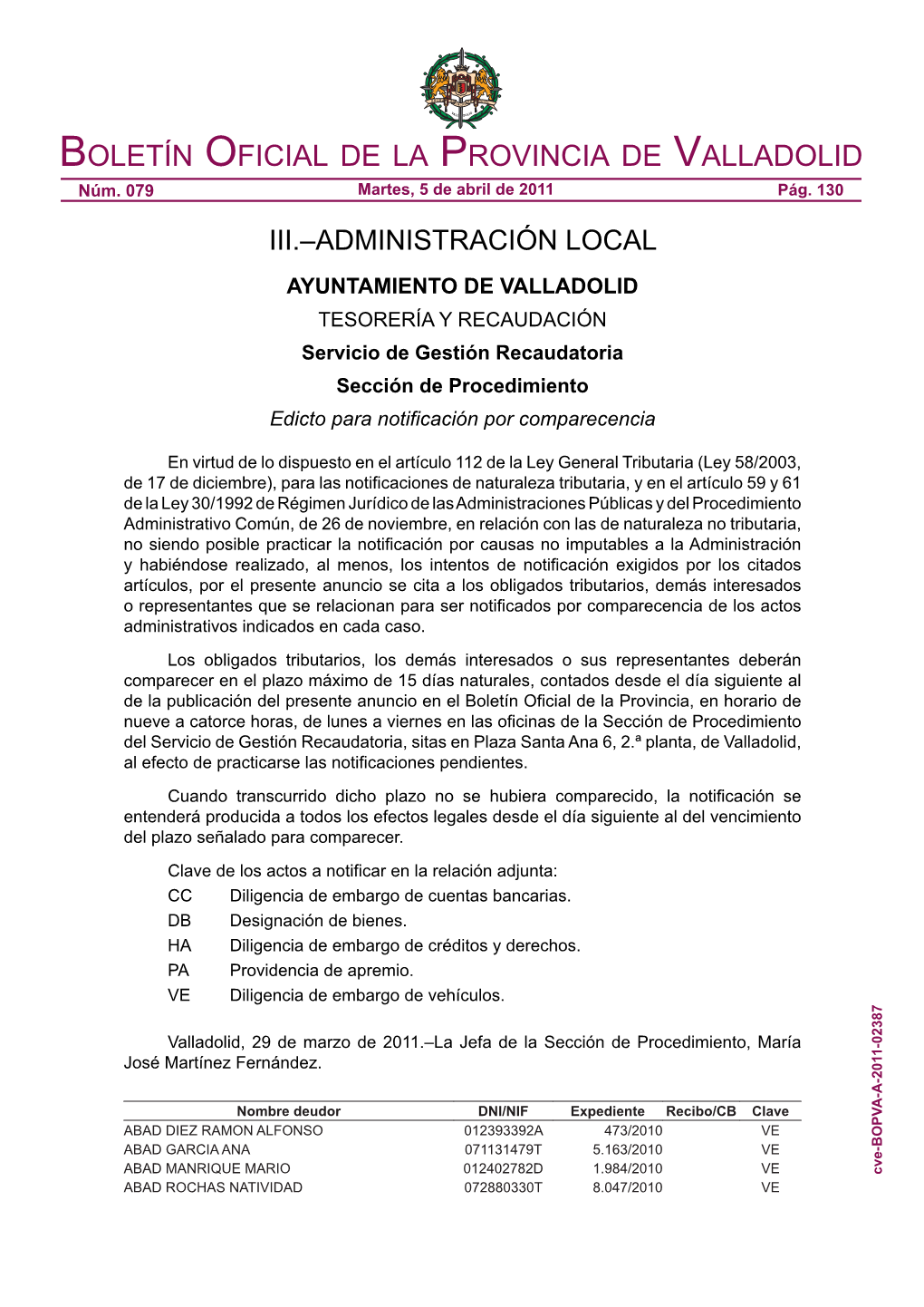 Boletín Oficial De La Provincia De Valladolid Núm