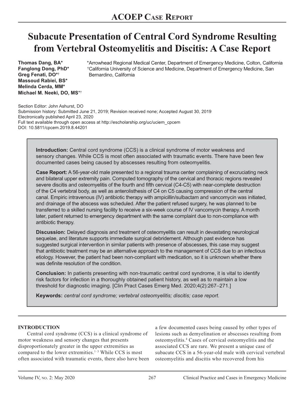 Subacute Presentation of Central Cord Syndrome Resulting from Vertebral Osteomyelitis and Discitis: a Case Report