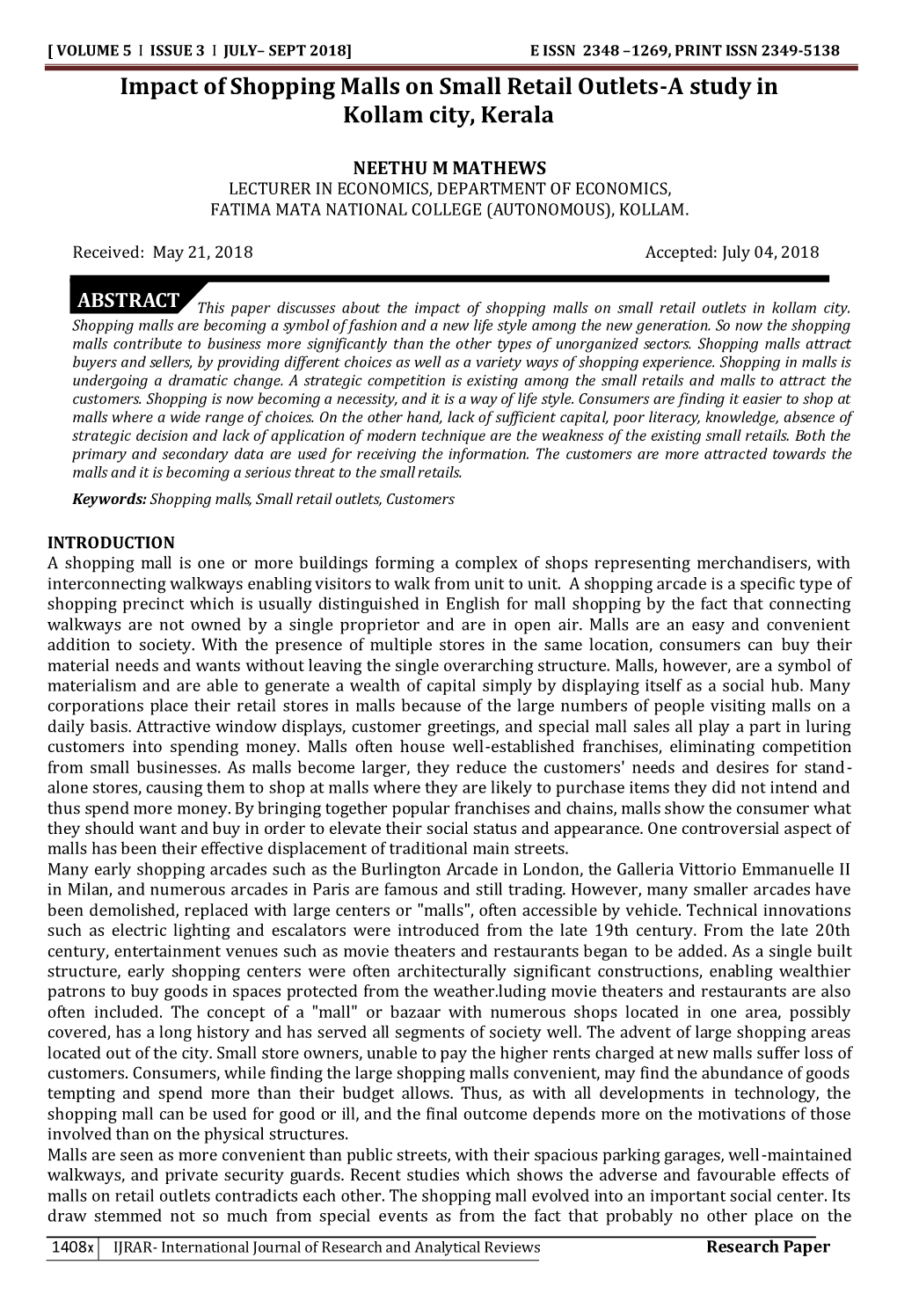 Impact of Shopping Malls on Small Retail Outlets-A Study in Kollam City