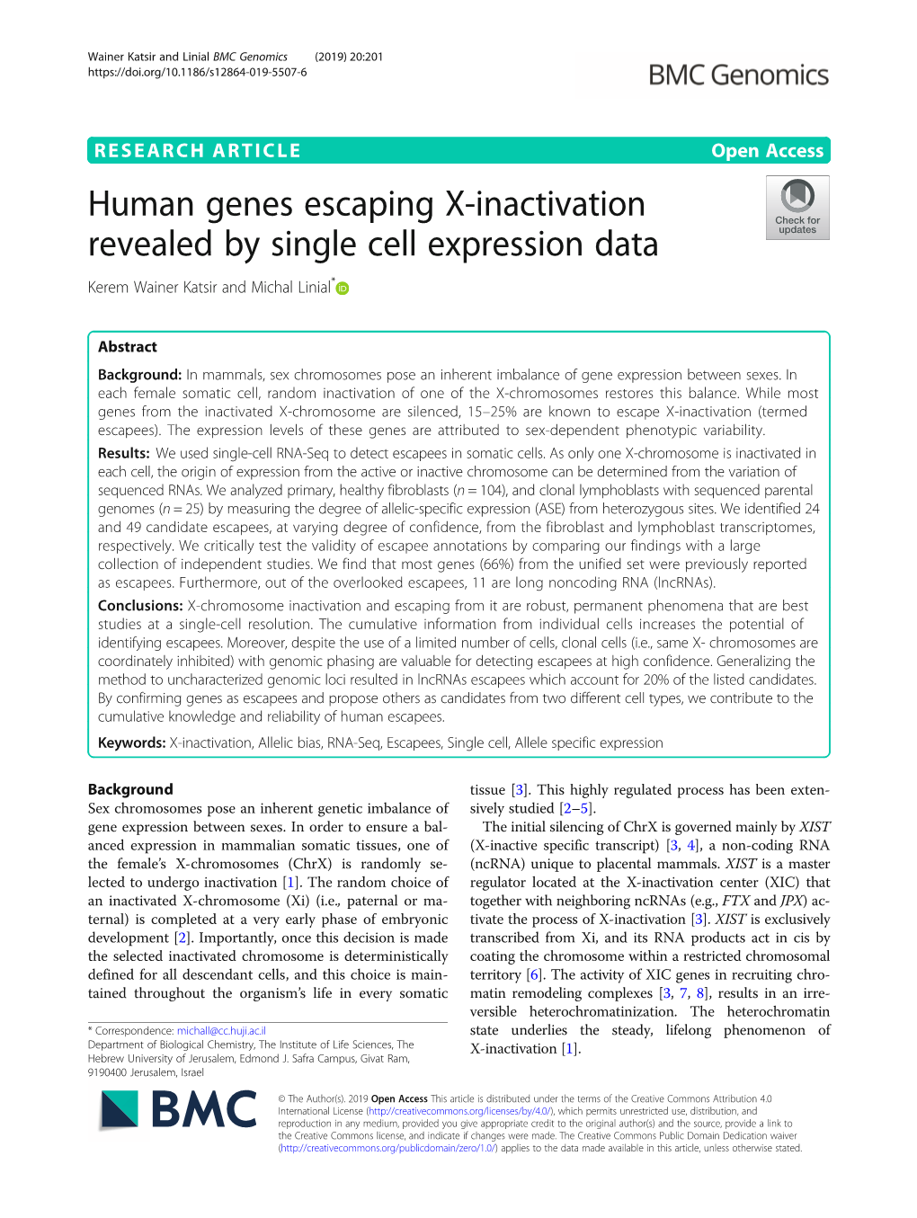 Human Genes Escaping X-Inactivation Revealed by Single Cell Expression Data Kerem Wainer Katsir and Michal Linial*