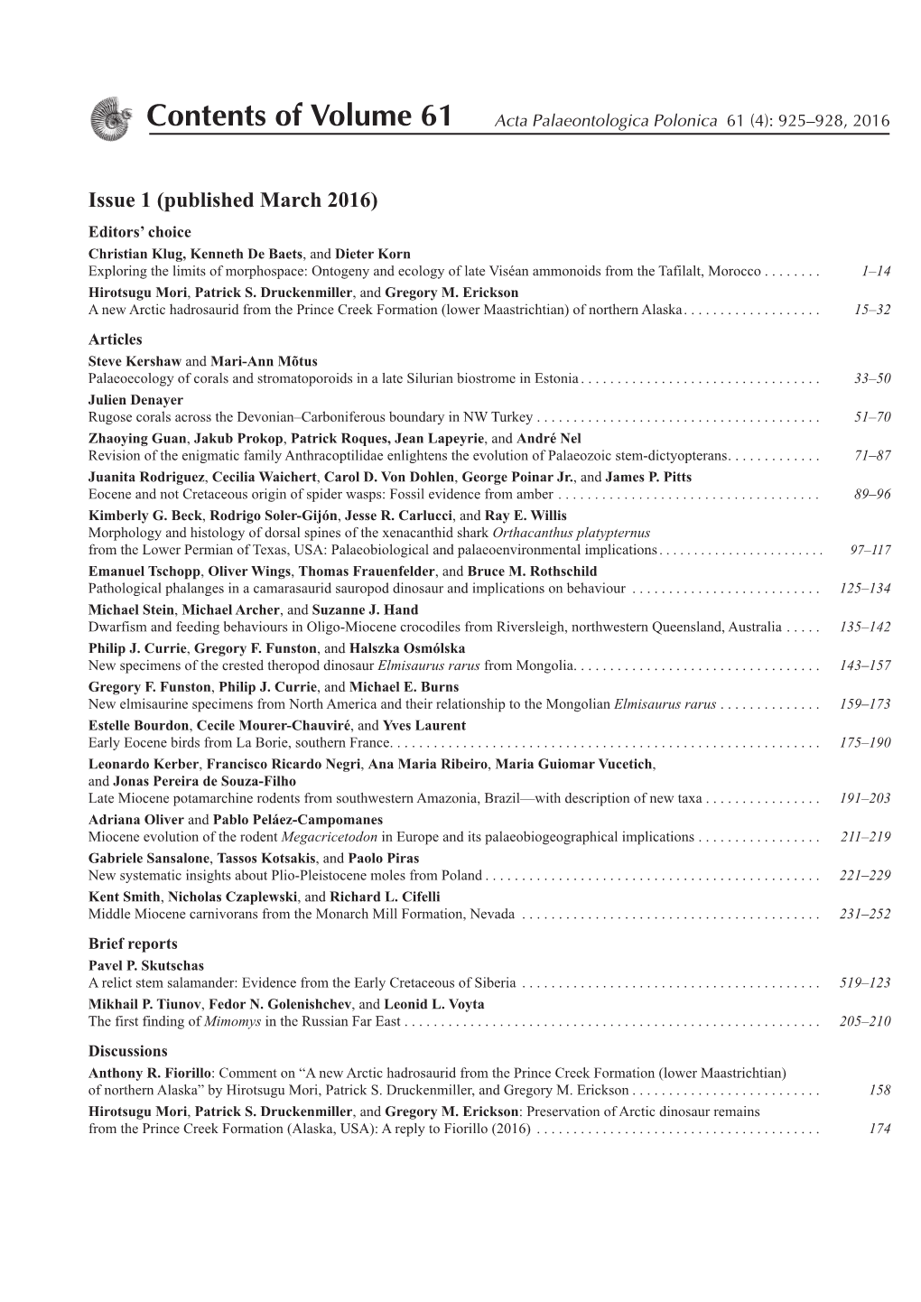 Contents of Volume 61 Acta Palaeontologica Polonica 61 (4): 925– 928, 2016