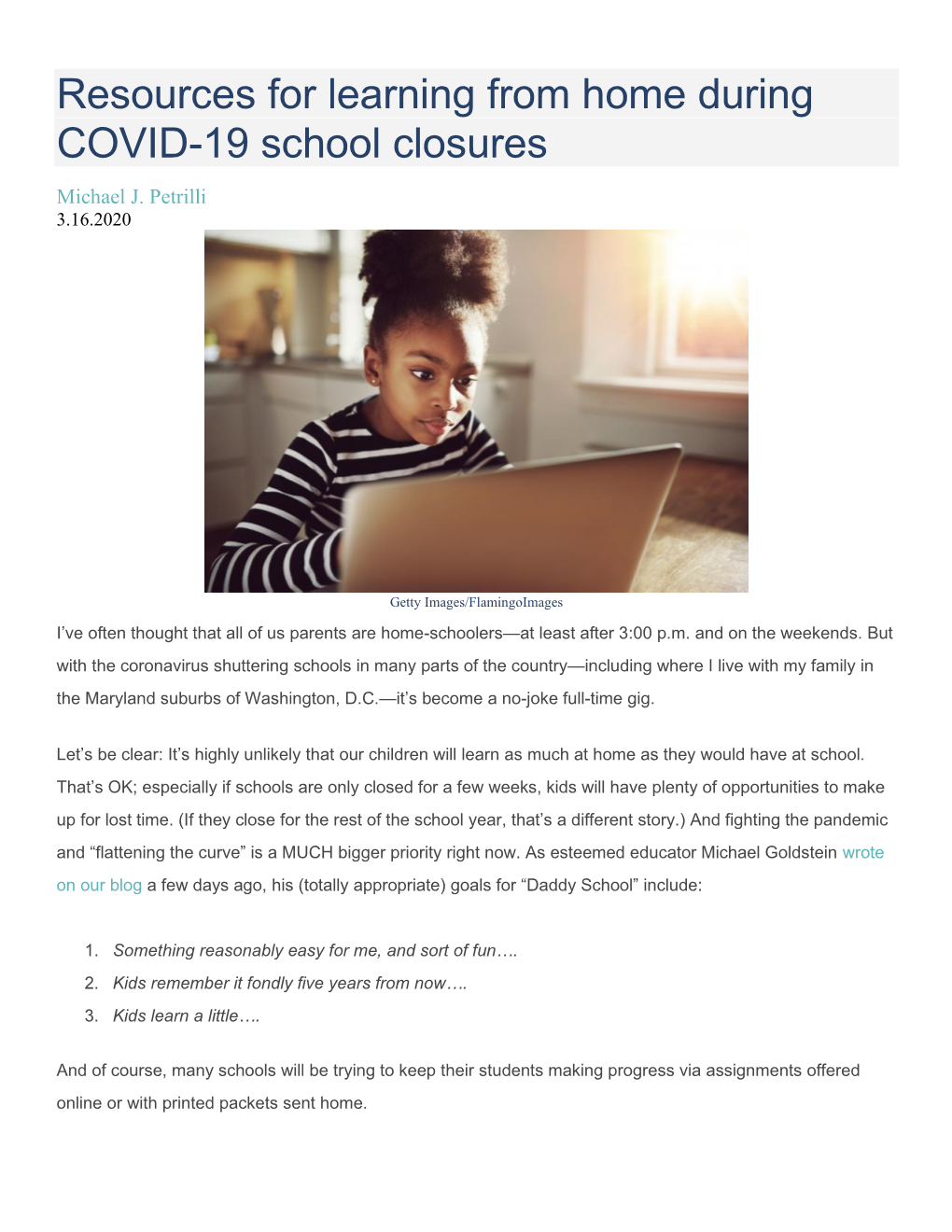 Resources for Learning from Home During COVID-19 School Closures Michael J