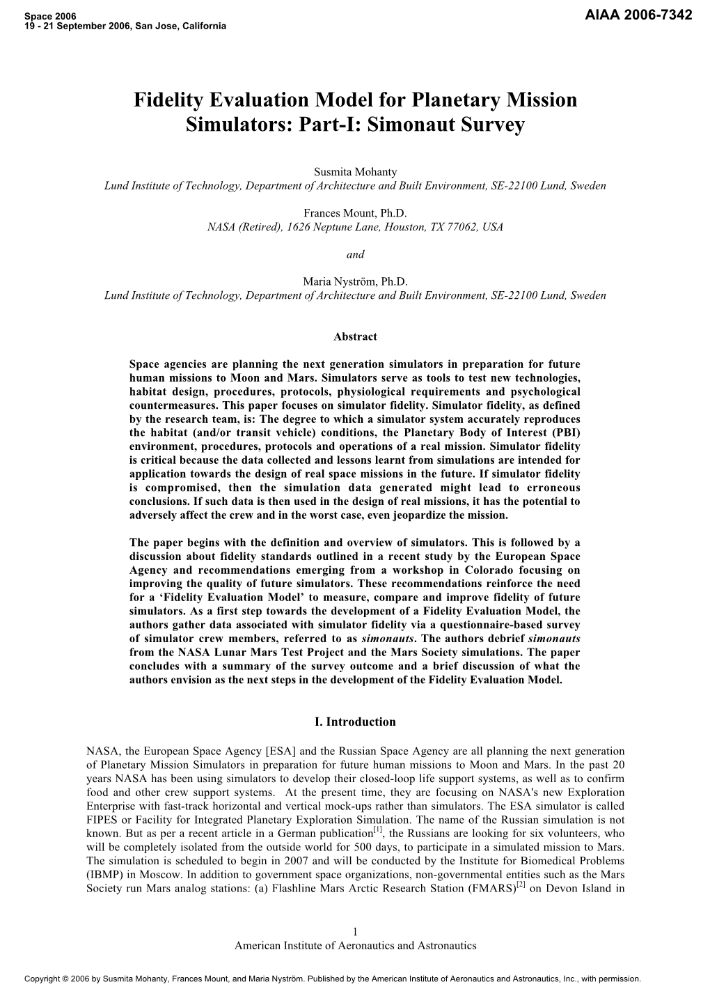 Fidelity Evaluation Model for Planetary Mission Simulators: Part-I: Simonaut Survey