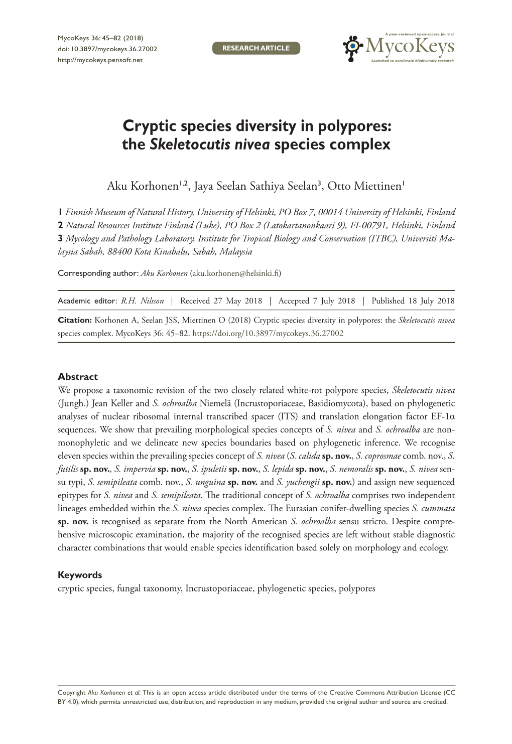 ﻿Cryptic Species Diversity in Polypores: the Skeletocutis Nivea Species