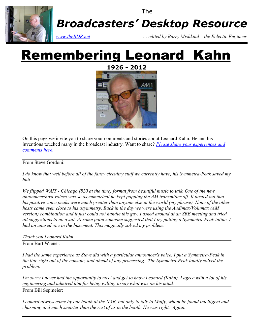Remembering Leonard Kahn 1926 - 2012