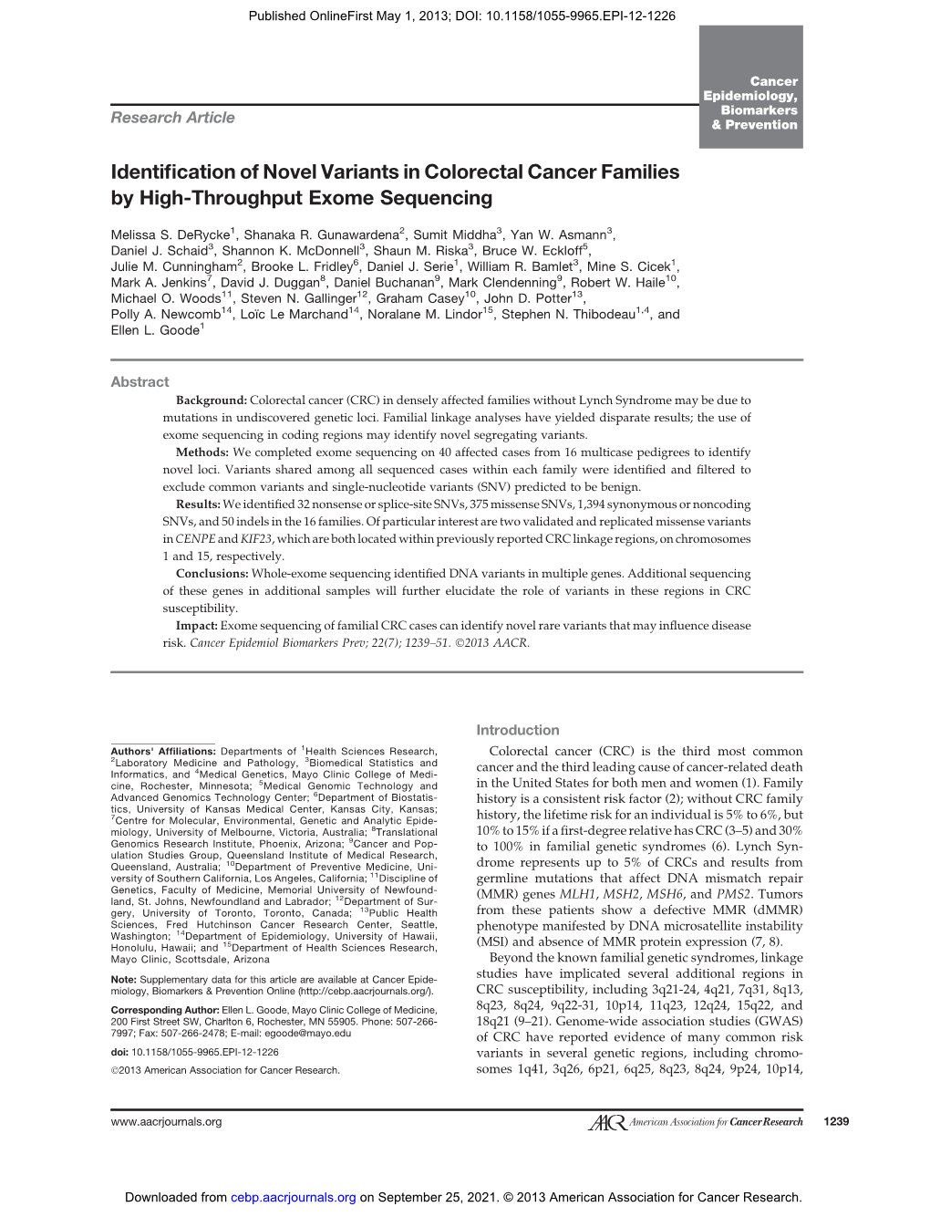 Identification of Novel Variants in Colorectal Cancer Families by High-Throughput Exome Sequencing