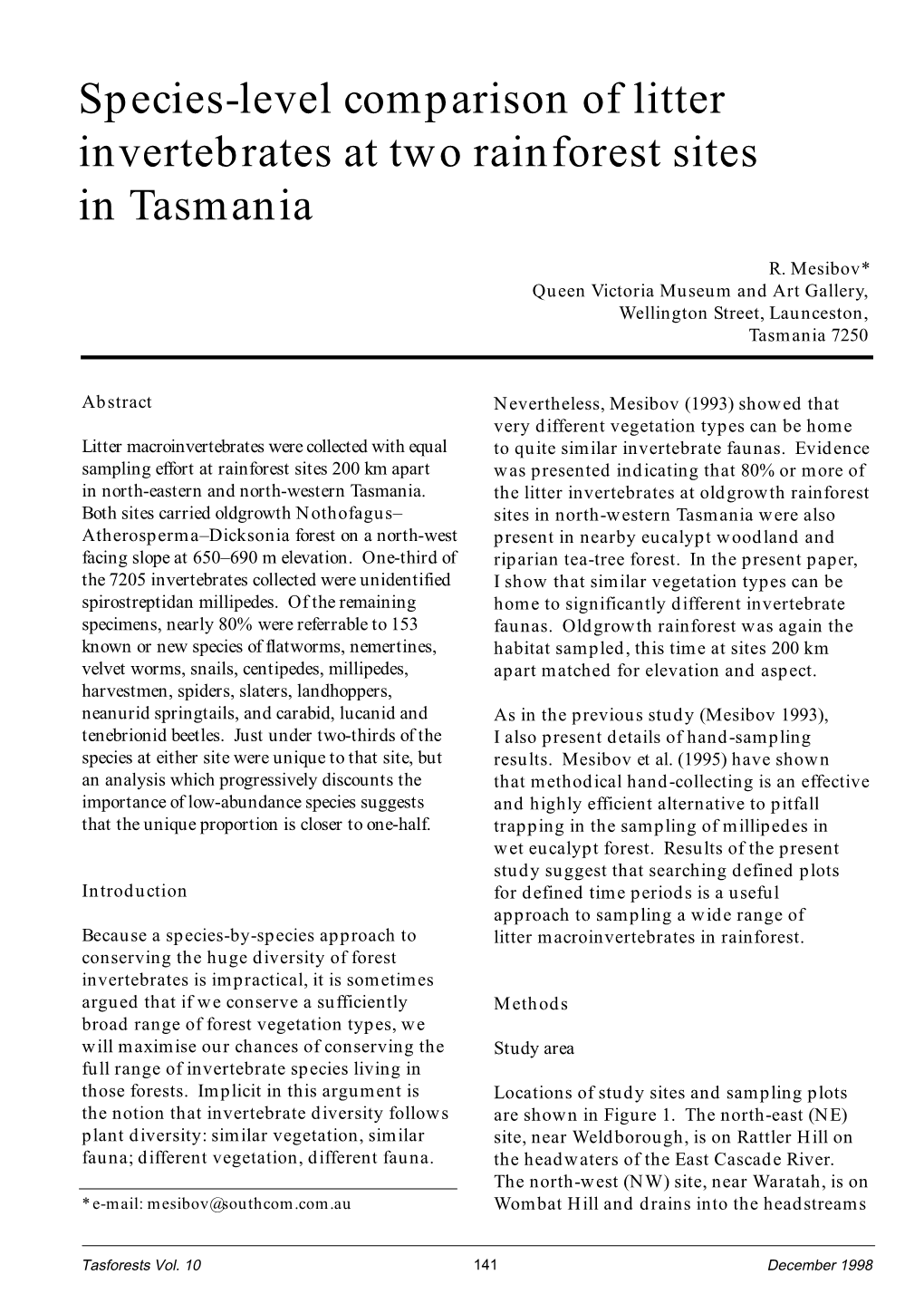 Species-Level Comparison of Litter Invertebrates at Two Rainforest Sites in Tasmania