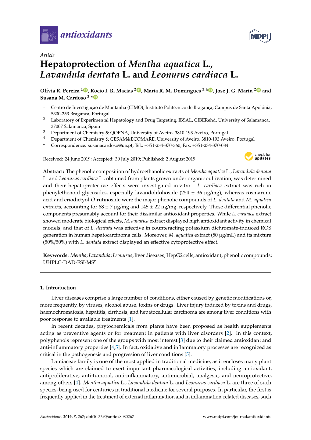 Hepatoprotection of Mentha Aquatica L., Lavandula Dentata L. and Leonurus Cardiaca L