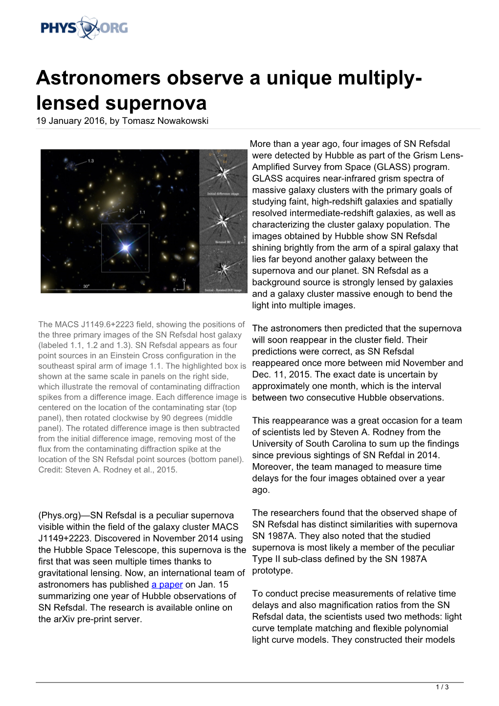 Astronomers Observe a Unique Multiply-Lensed Supernova