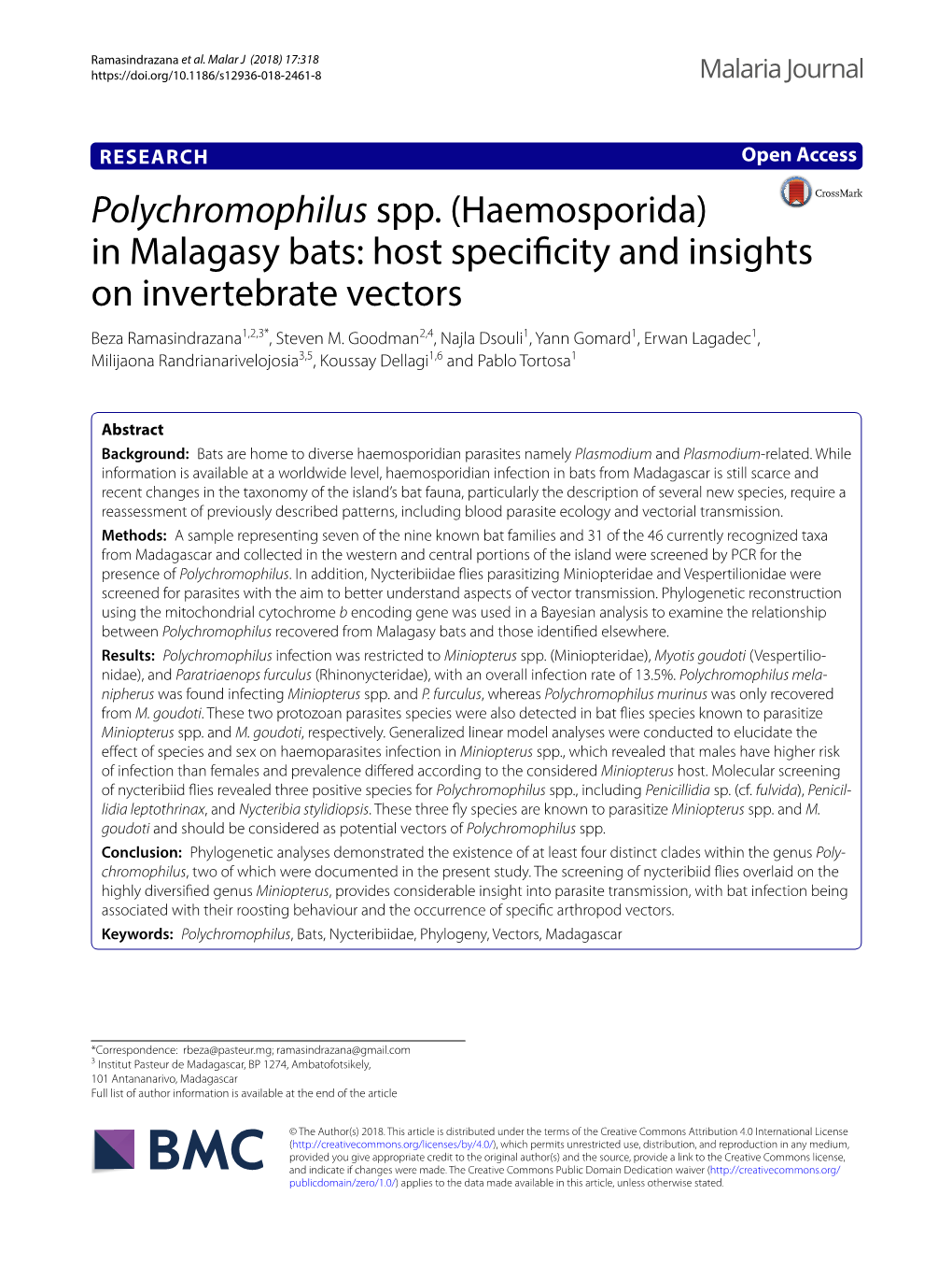 In Malagasy Bats: Host Specifcity and Insights on Invertebrate Vectors Beza Ramasindrazana1,2,3*, Steven M