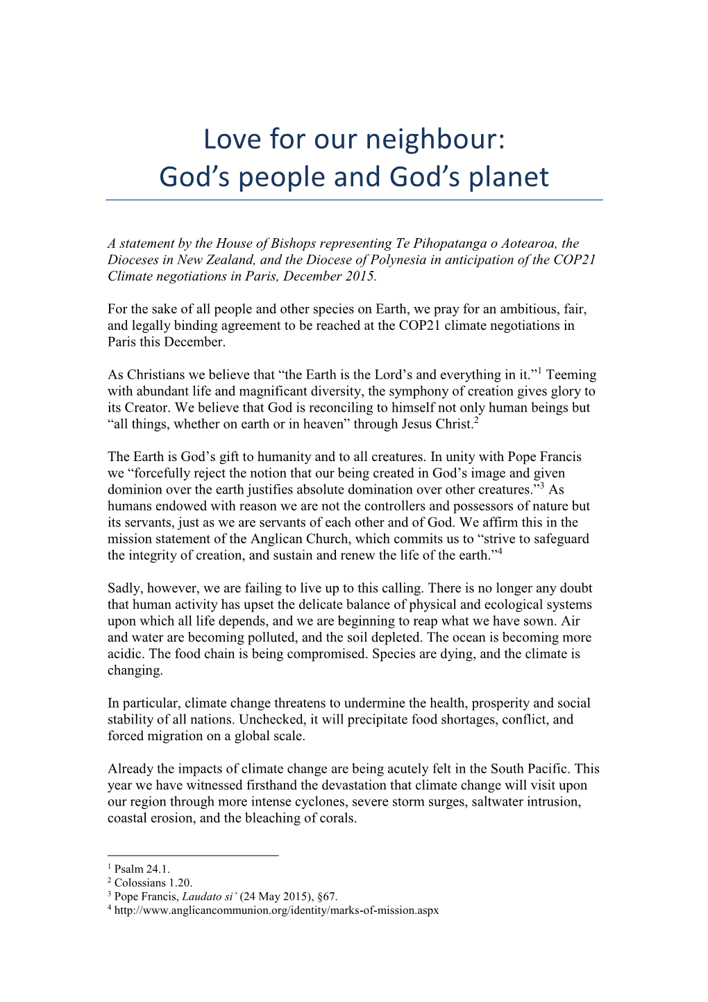 Love for Our Neighbour: God's People and God's Planet