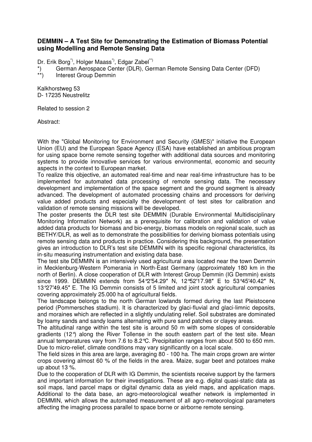 DEMMIN – a Test Site for Demonstrating the Estimation of Biomass Potential Using Modelling and Remote Sensing Data