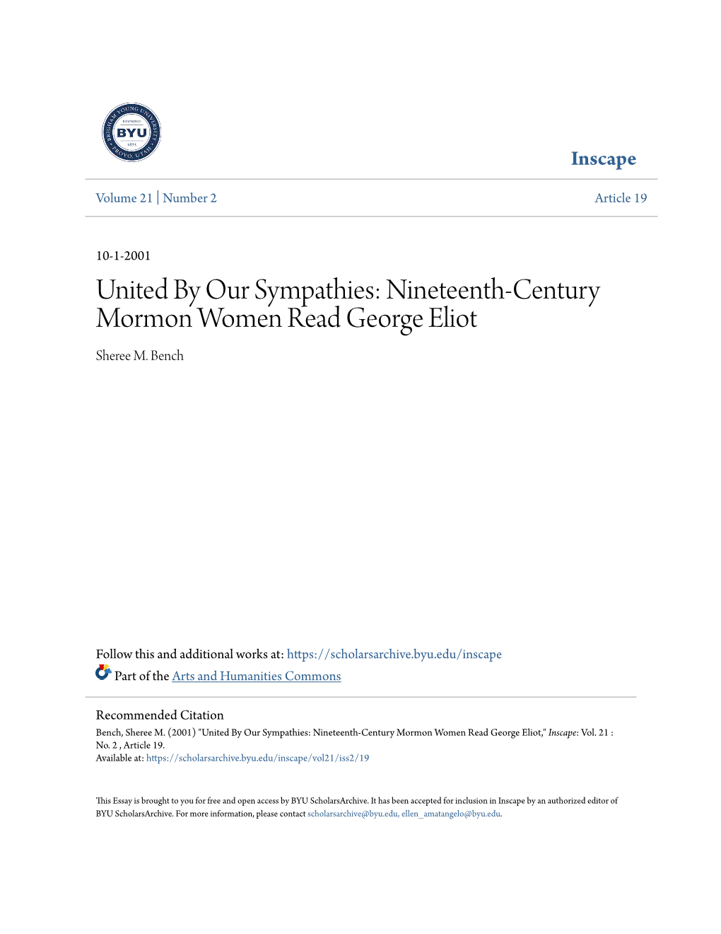 Nineteenth-Century Mormon Women Read George Eliot Sheree M
