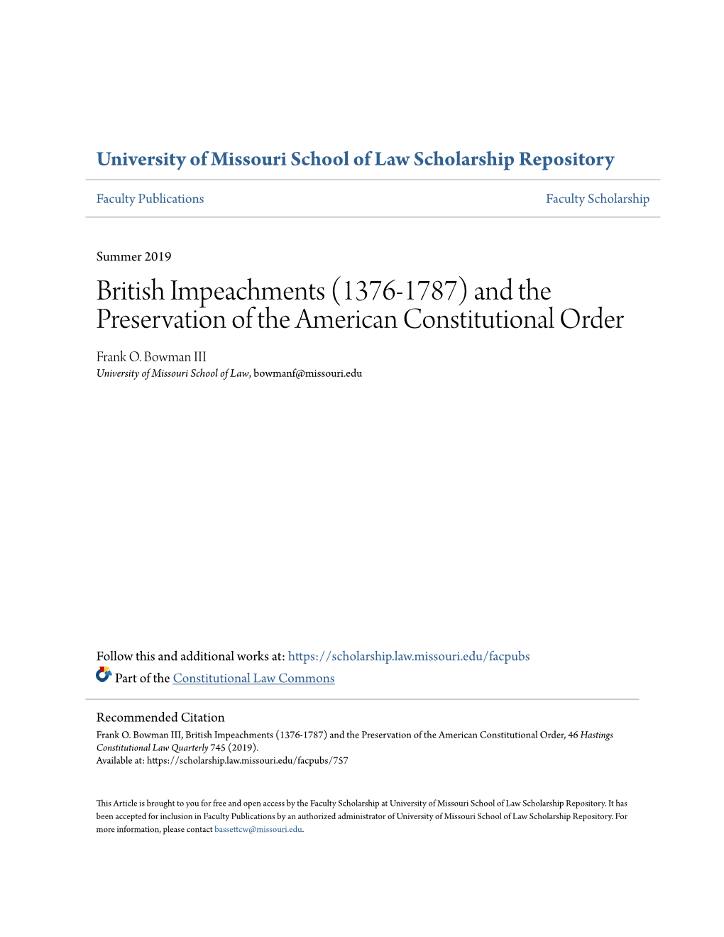 British Impeachments (1376-1787) and the Preservation of the American Constitutional Order Frank O