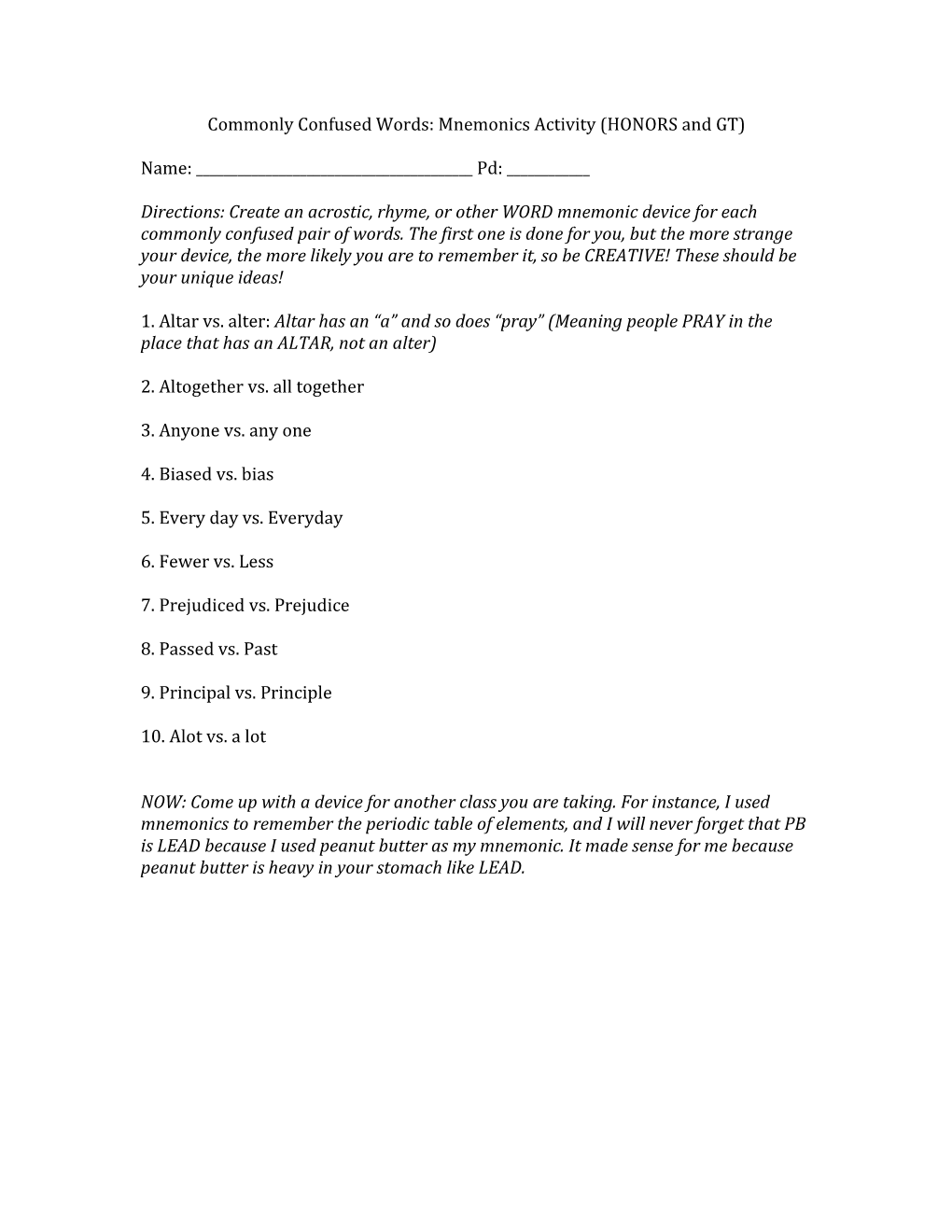 Commonly Confused Words: Mnemonics Activity (HONORS and GT)