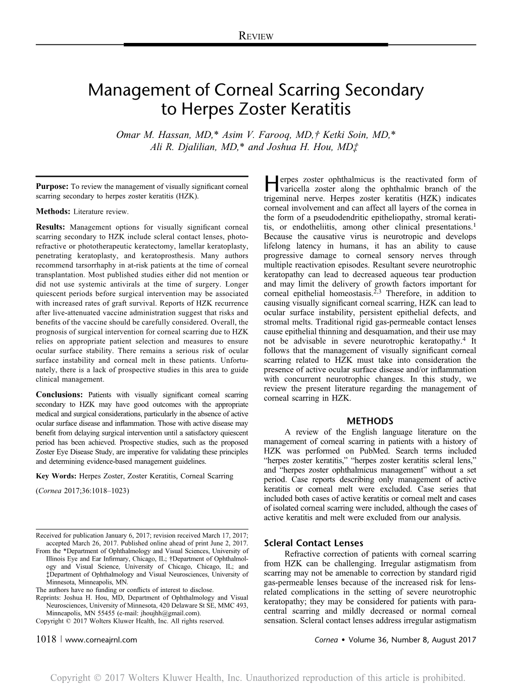 Management of Corneal Scarring Secondary to Herpes Zoster Keratitis