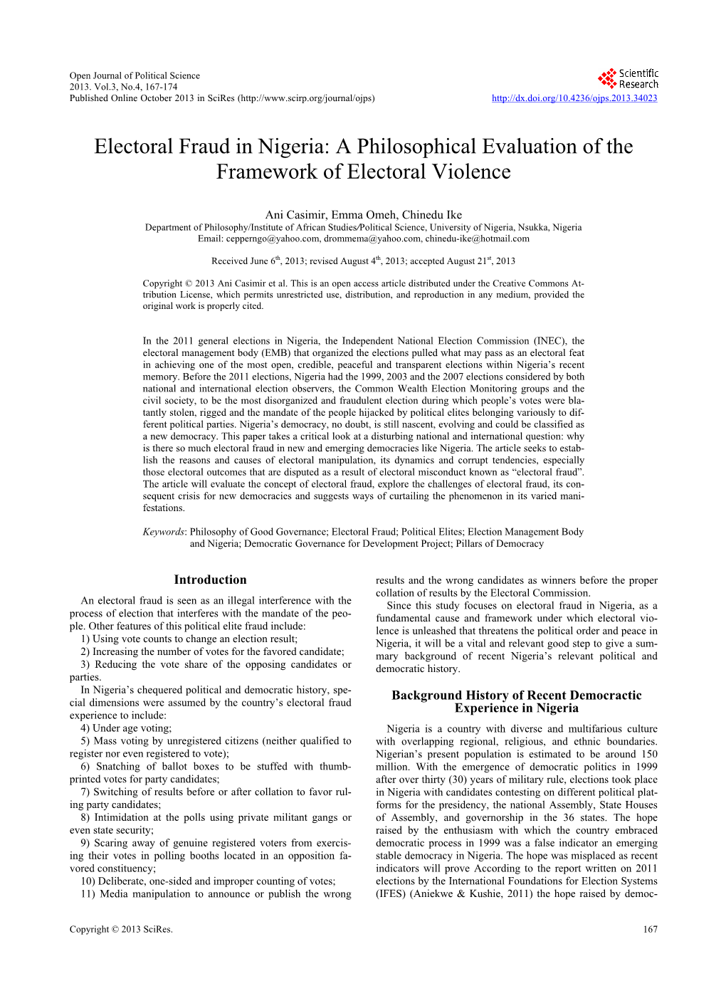 Electoral Fraud in Nigeria: a Philosophical Evaluation of the Framework of Electoral Violence
