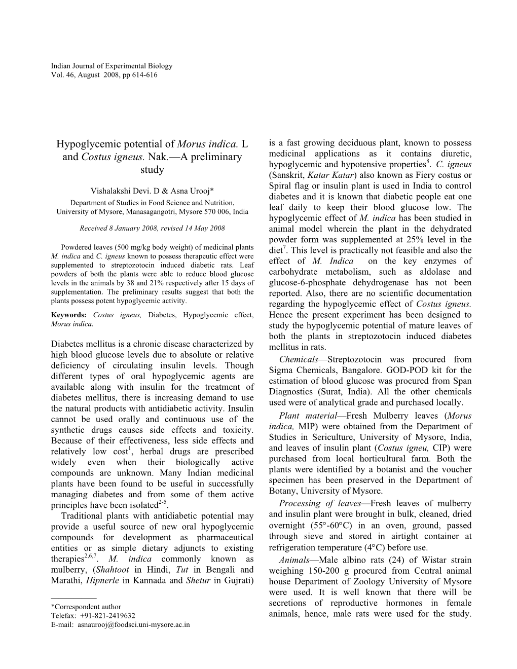 Hypoglycemic Potential of Morus Indica. L and Costus Igneus. Nak