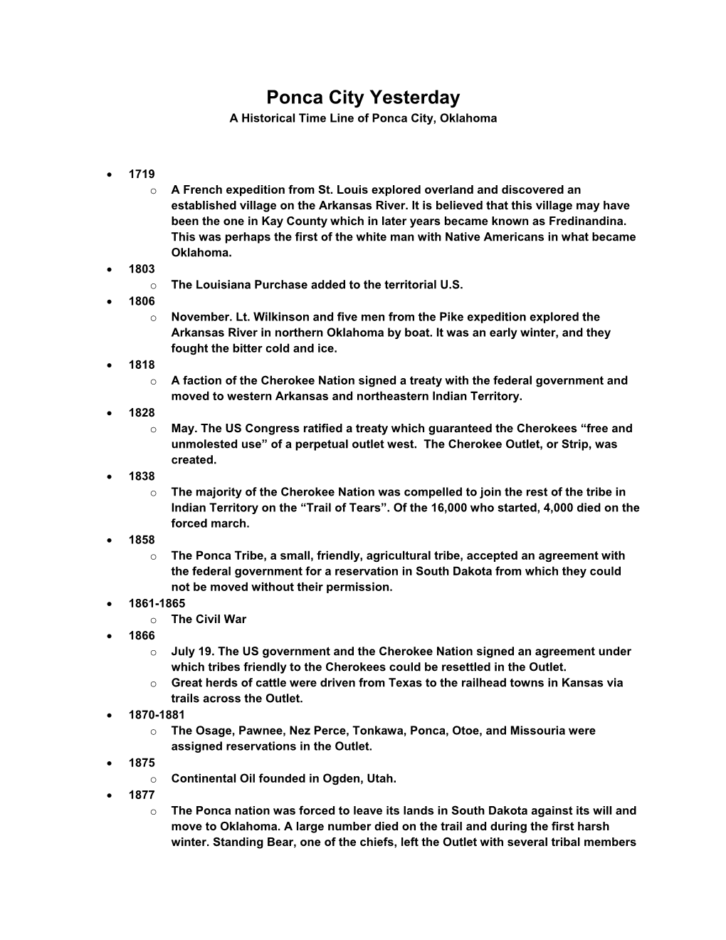 Ponca City Yesterday a Historical Time Line of Ponca City, Oklahoma