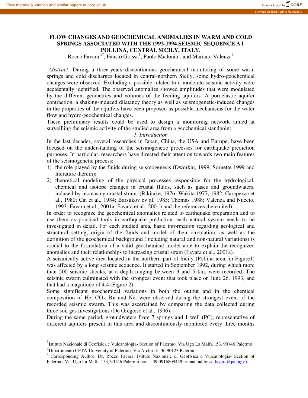 Flow Changes and Geochemical Anomalies in Warm and Cold Springs Associated with the 1992-1994 Seismic Sequence at Pollina, Central Sicily, Italy