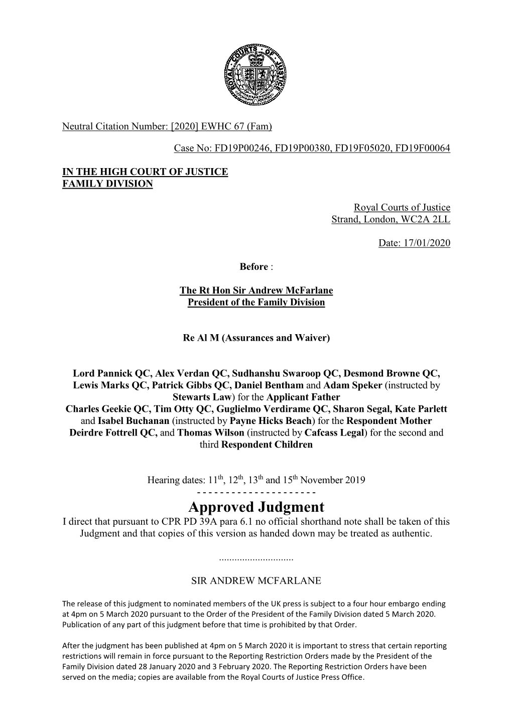 Al M Assurances and Waiver APPROVED Judgment 170120