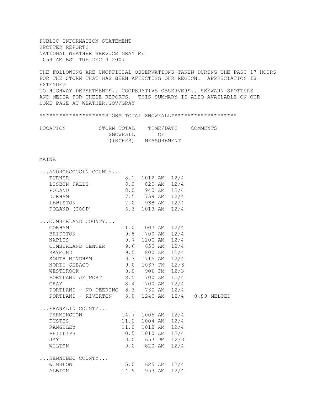 Public Information Statement Spotter Reports National Weather Service Gray Me 1059 Am Est Tue Dec 4 2007