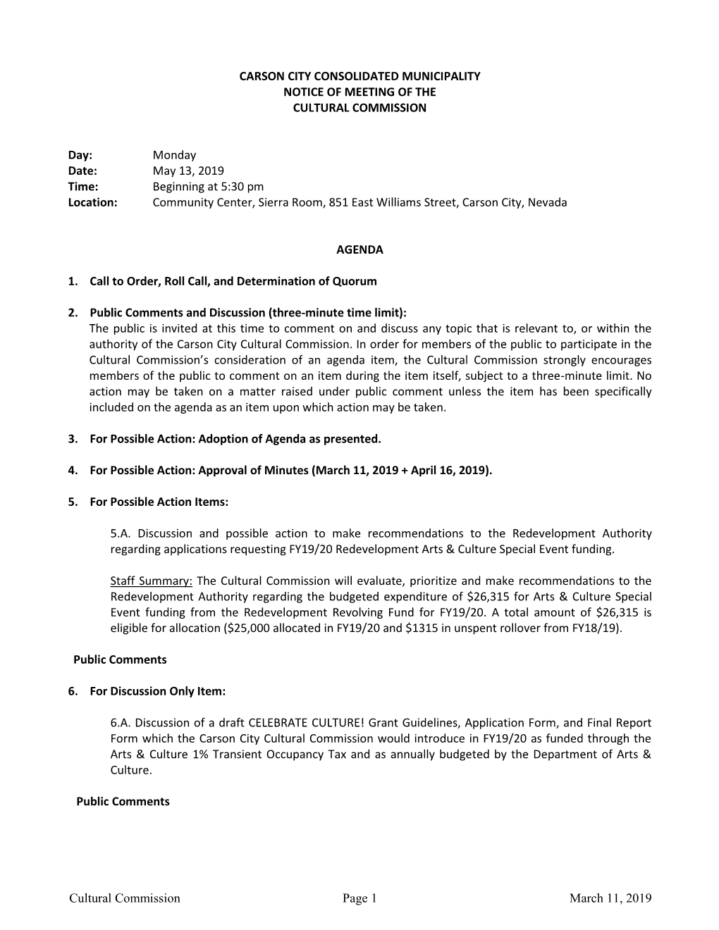 Cultural Commission Page 1 March 11, 2019 CARSON CITY