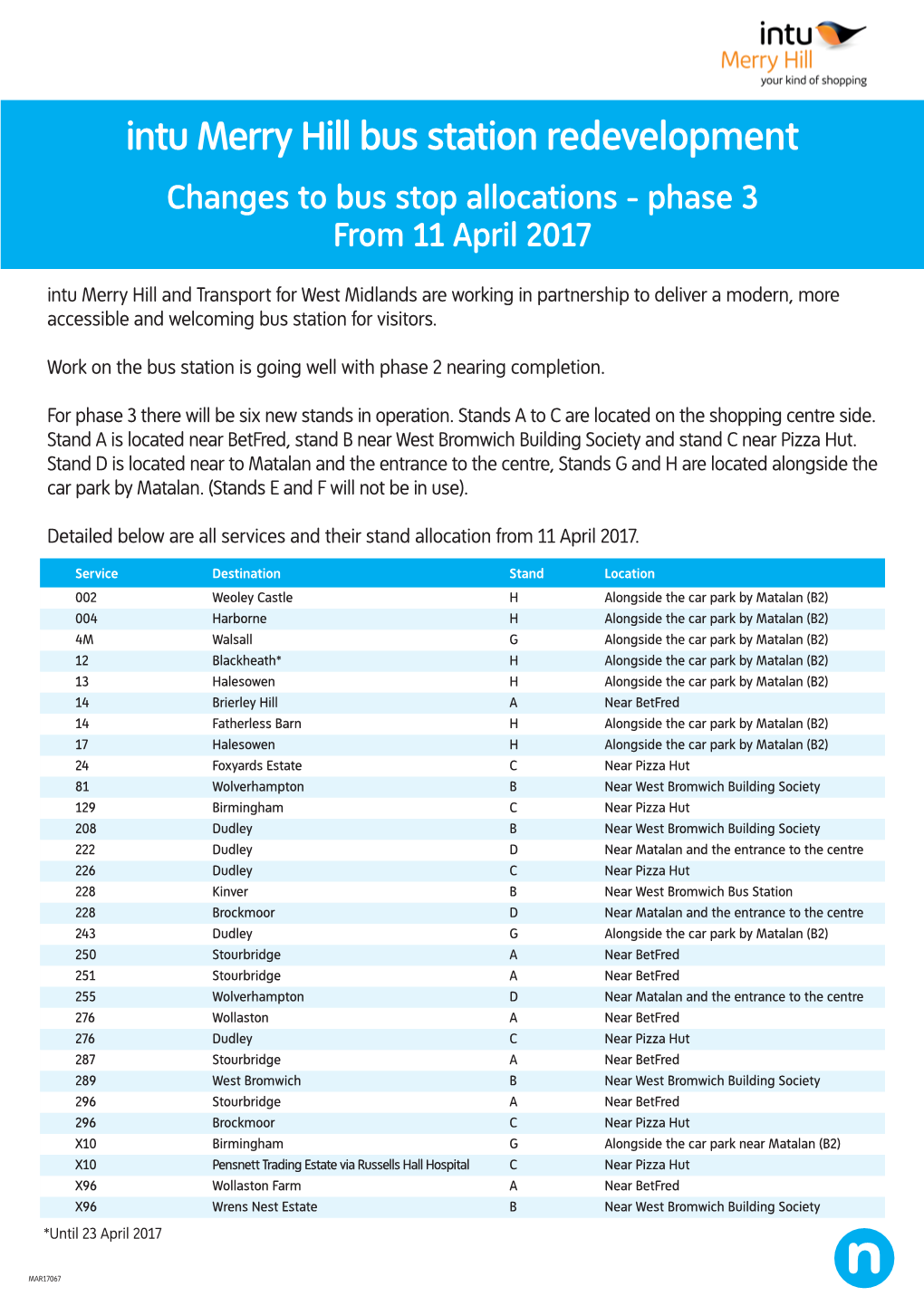 Intu Merry Hill Bus Station Redevelopment Changes to Bus Stop Allocations - Phase 3 from 11 April 2017