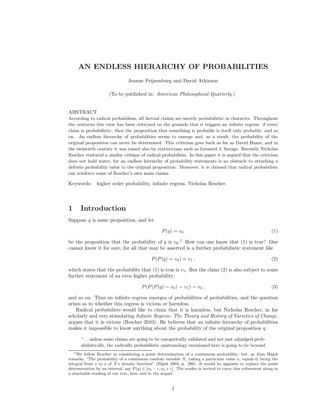 AN ENDLESS HIERARCHY of PROBABILITIES 1 Introduction