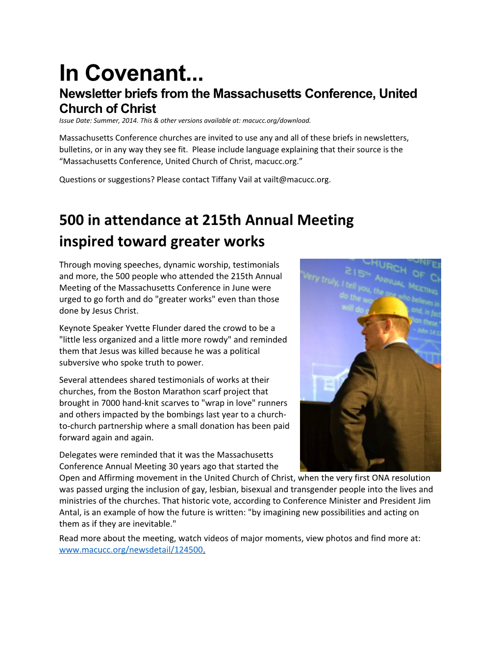 Newsletter Briefs from the Massachusetts Conference, United Church of Christ