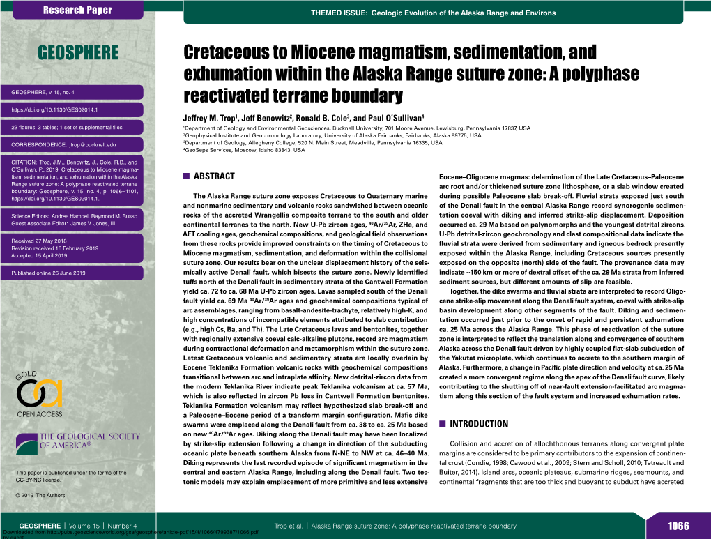 Cretaceous to Miocene Magmatism, Sedimentation, and Exhumation Within the Alaska Range Suture Zone: a Polyphase GEOSPHERE, V