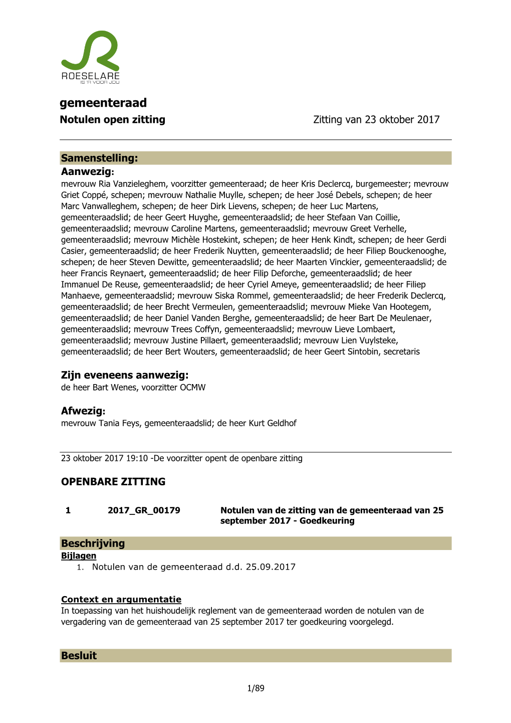 Gemeenteraad Notulen Open Zitting Zitting Van 23 Oktober 2017