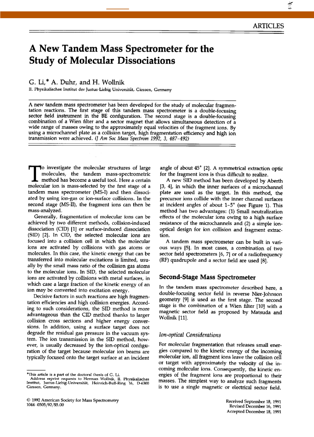 A New Tandem Mass Spectrometer for the Study of Molecular Dissociations