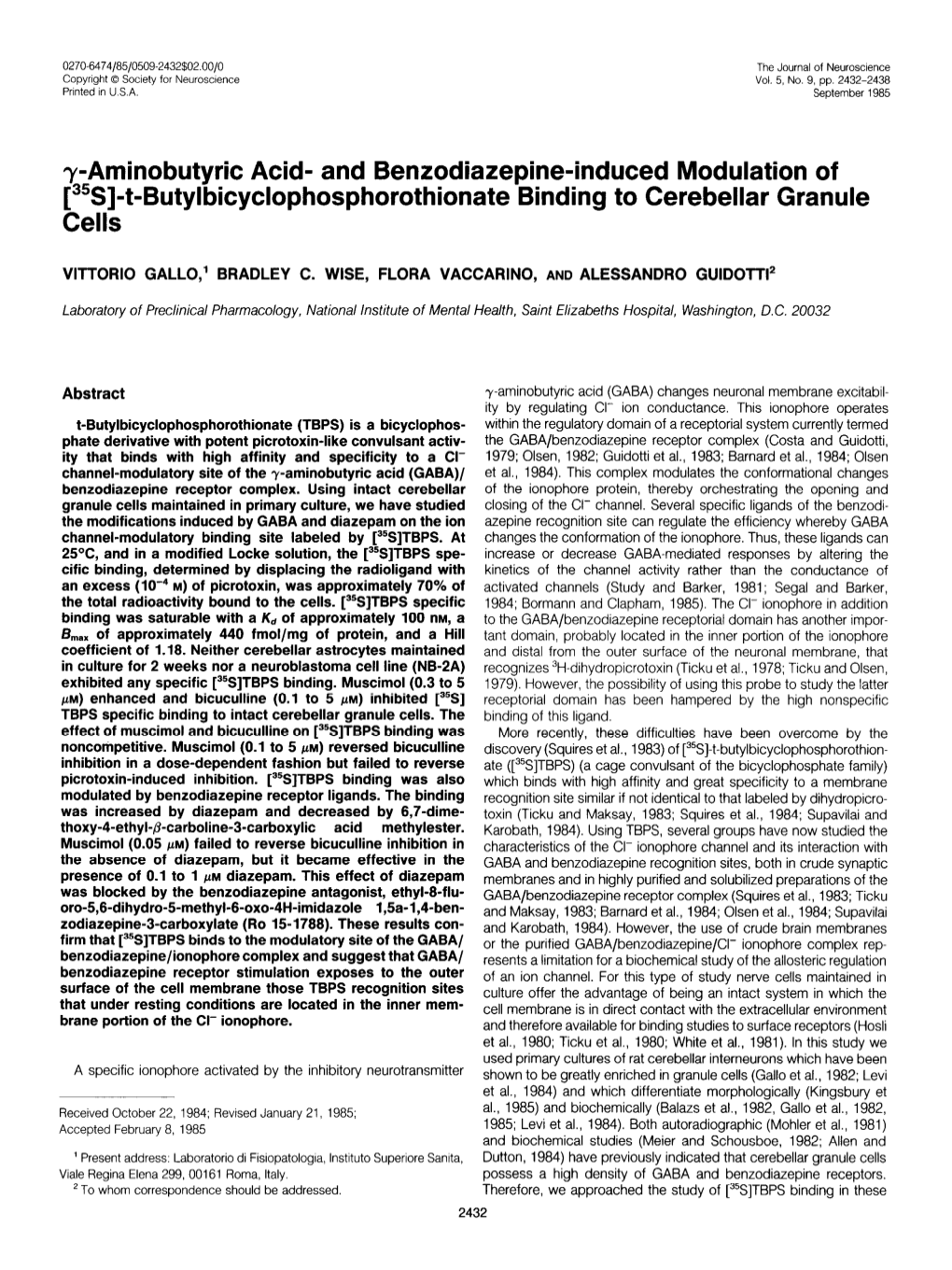 [35S]-T-Butylbicyclophosphorothionate Binding to Cerebellar Granule Cells