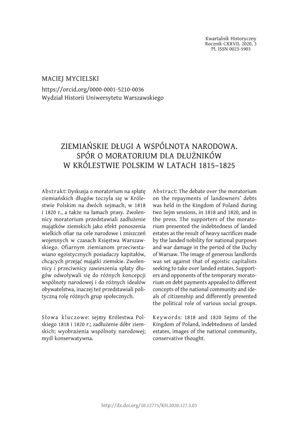 Ziemiańskie Długi a Wspólnota Narodowa. Spór O Moratorium Dla Dłużników W Królestwie Polskim W Latach 1815–1825