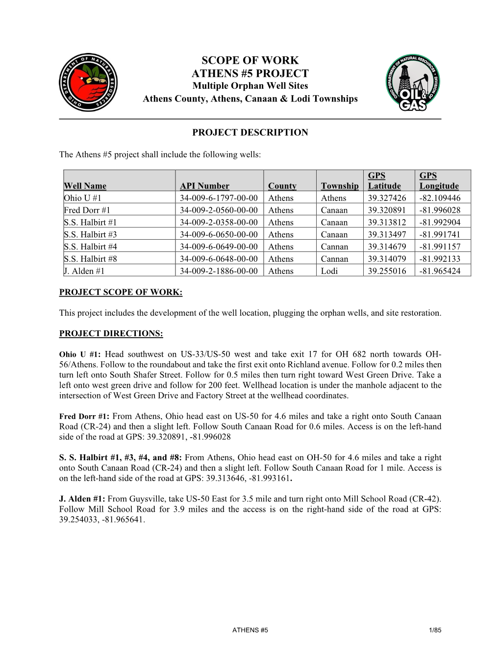 SCOPE of WORK ATHENS #5 PROJECT Multiple Orphan Well Sites Athens County, Athens, Canaan & Lodi Townships