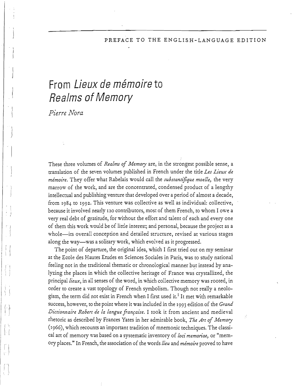 From Lieux De Memoire to Realms of Memory Pierre Lvora