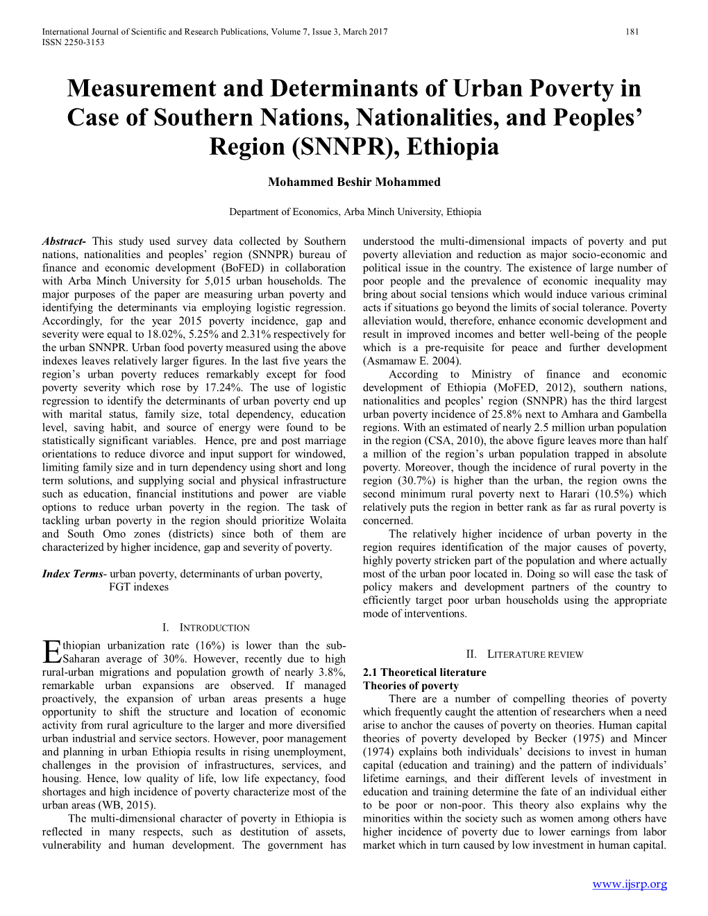 Measurement and Determinants of Urban Poverty in Case of Southern Nations, Nationalities, and Peoples' Region (SNNPR), Ethiopi