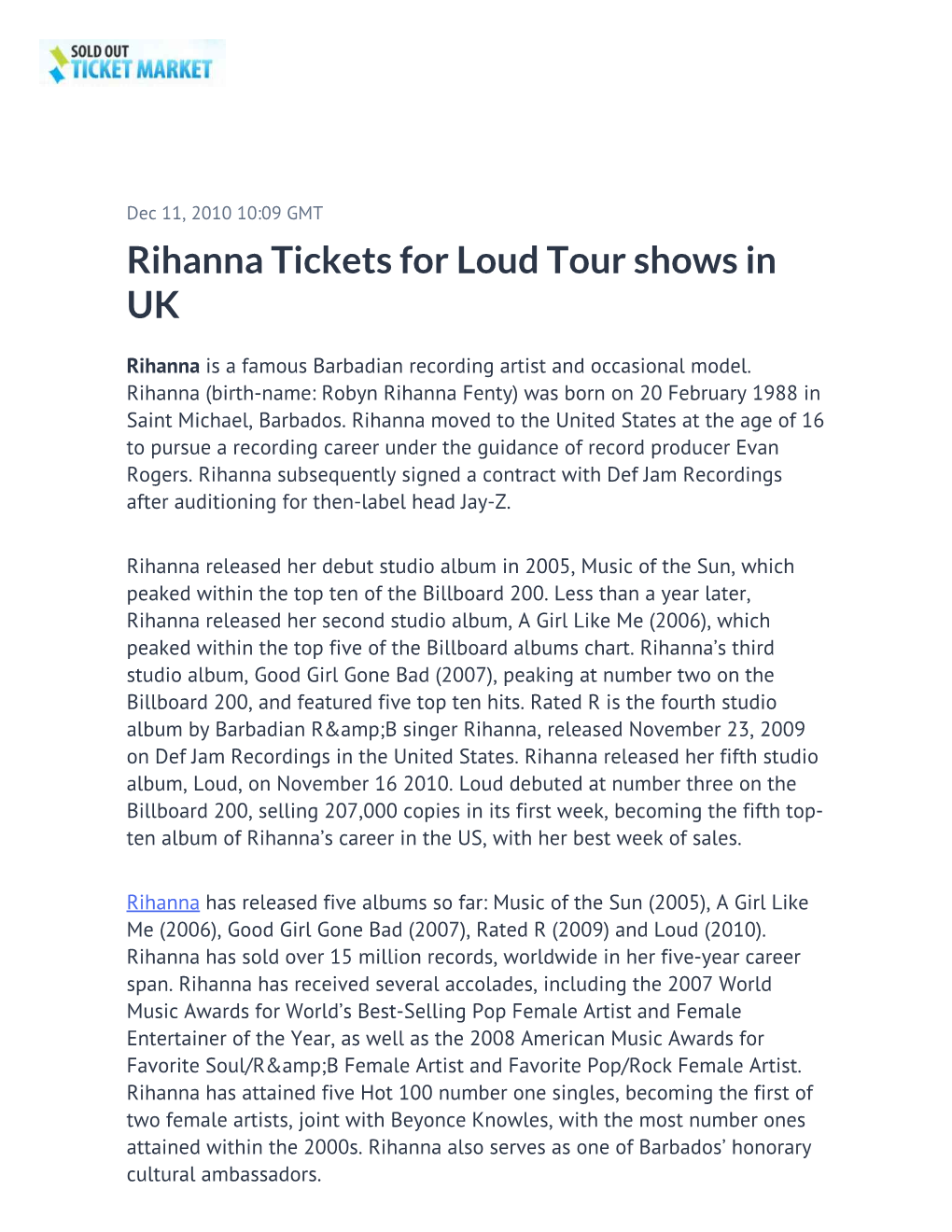 Rihanna Tickets for Loud Tour Shows in UK