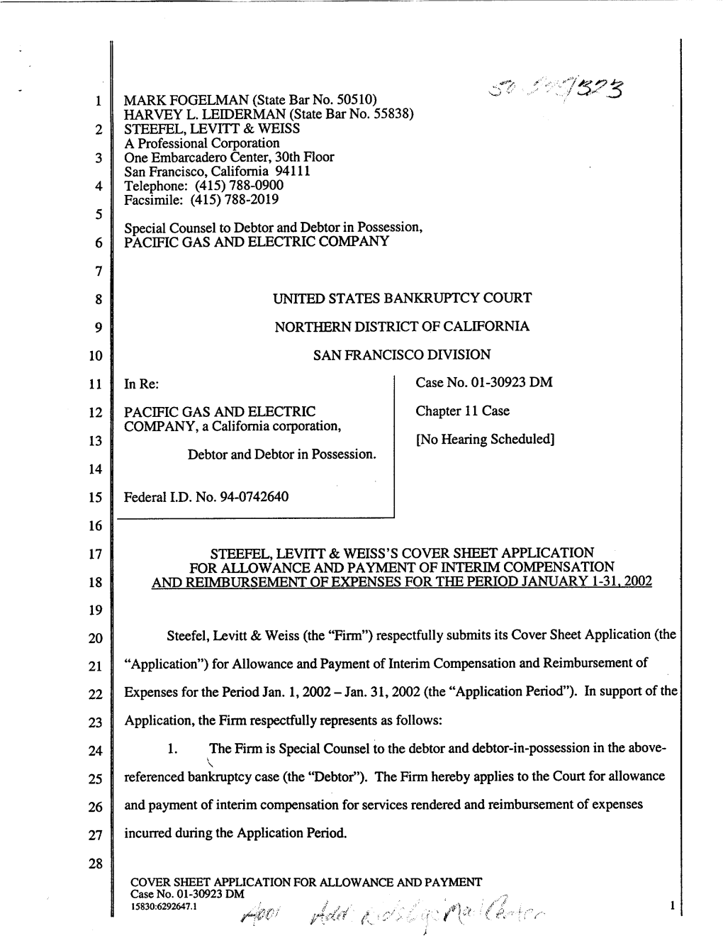 Steefel, Levitt & Weiss's Cover Sheet Application for Allowance And