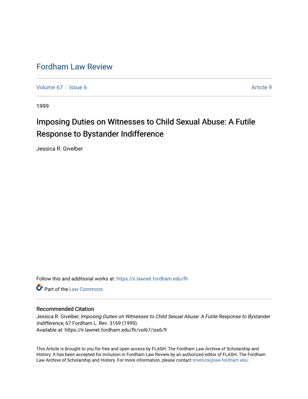 Imposing Duties on Witnesses to Child Sexual Abuse: a Futile Response to Bystander Indifference