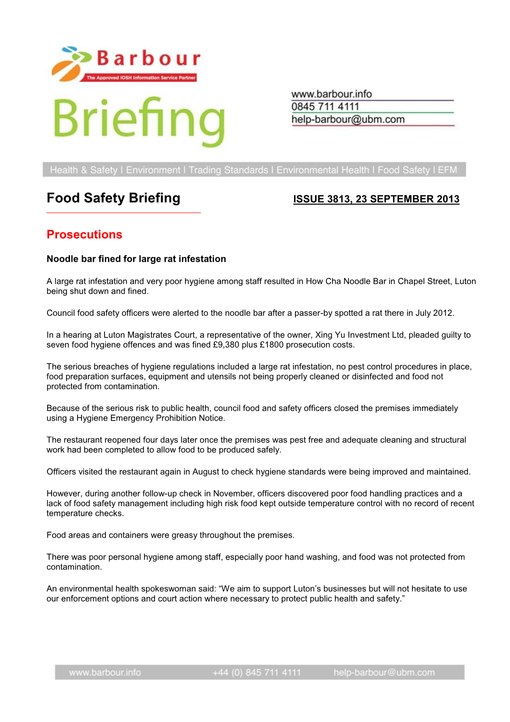 Food Safety Briefing ISSUE 3813, 23 SEPTEMBER 2013